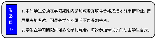 流程圖: 可選過程: 1.本科學(xué)生必須在學(xué)習(xí)期限內(nèi)參加統(tǒng)考并取得合格成績(jī)才能申請(qǐng)畢業(yè)。請(qǐng)盡早參加考試，到最長(zhǎng)學(xué)習(xí)期限后不能參加統(tǒng)考。  2.學(xué)生在學(xué)習(xí)期限內(nèi)可多次參加統(tǒng)考，每次參加考試的門次由學(xué)生自定。      